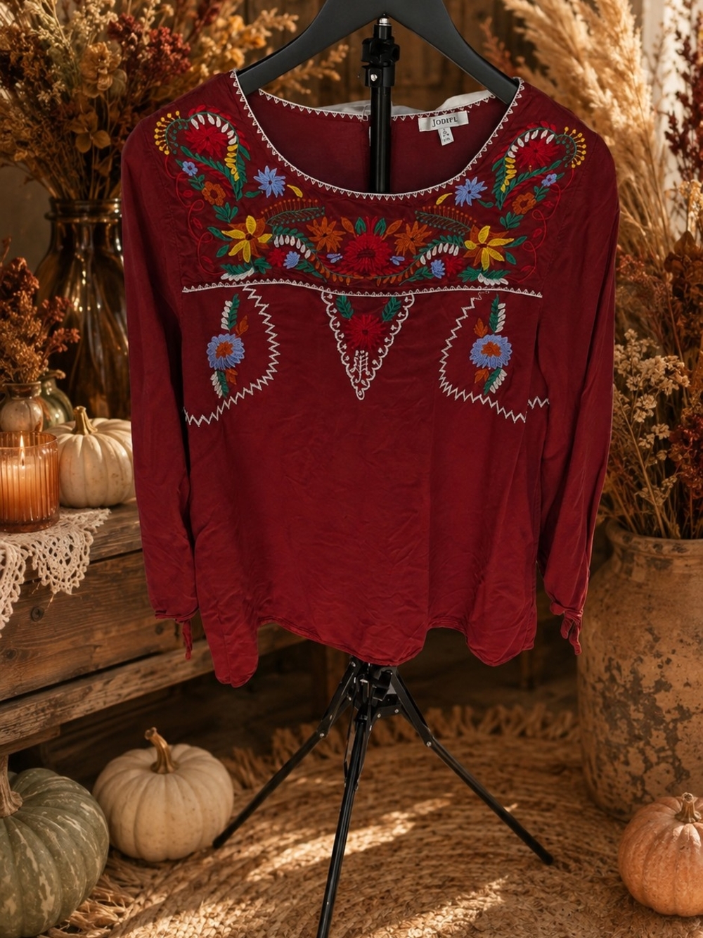 JODIFL Burgundy Embroidered Floral Long Sleeve Top